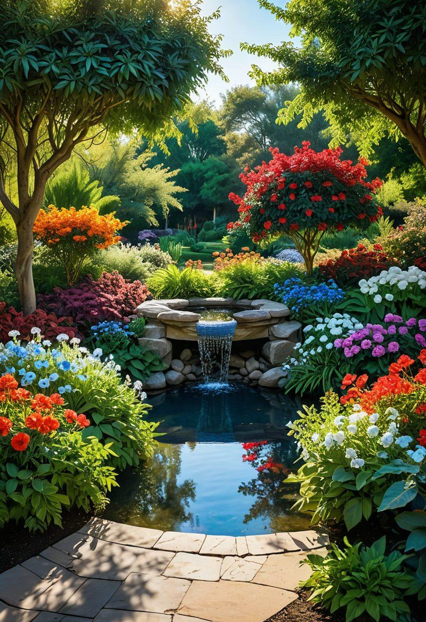 A serene garden scene featuring a harmonious blend of vibrant flowers and lush greenery, with delicate petals fluttering in a gentle breeze. The foreground showcases an array of colorful blossoms intertwined with soft, cascading vines, while a tranquil water feature reflects the surrounding beauty. A warm, inviting sun bathes the entire scene in golden light, creating a sense of bliss and tranquility. The background hints at distant mountains and an azure sky dotted with fluffy clouds. super-realistic. vibrant colors. 3D.