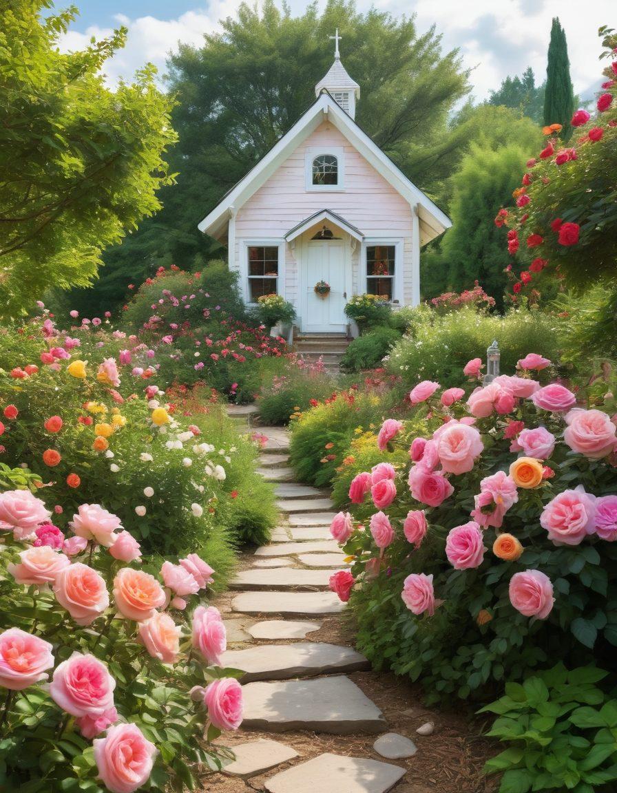 A vibrant, sunlit garden bursting with colorful heirloom roses in full bloom, surrounded by lush greenery and whimsical garden decorations. Include a serene figure, tending to the roses with a gentle smile, embodying the essence of joy and gardening bliss. The background features a soft, dreamy sky with fluffy clouds. super-realistic. vibrant colors. white background.