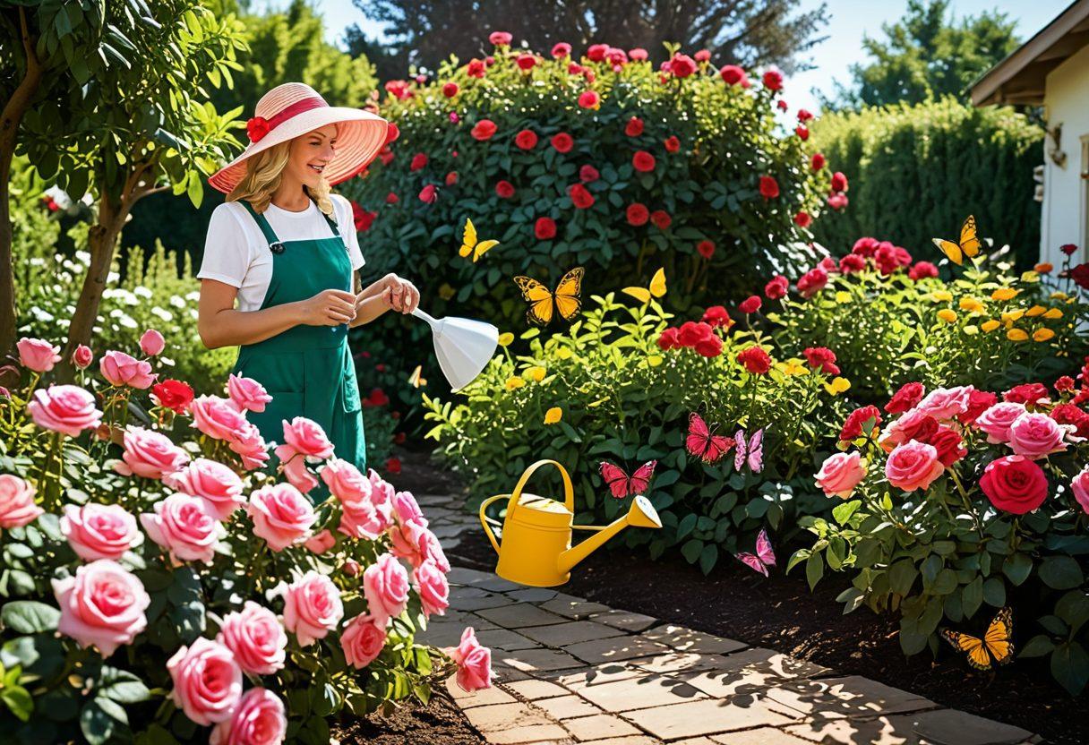 A picturesque garden filled with flourishing, vibrant roses in various shades of red, pink, and yellow. Include a gardener wearing a sun hat joyfully tending to the roses with a watering can, surrounded by butterflies and bees. Incorporate soft sunlight filtering through lush green leaves, casting gentle shadows on the ground. Create a serene, uplifting atmosphere that conveys happiness and nurturing. super-realistic. vibrant colors. natural light.